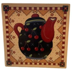 Vintage Mary Engelbreit Cherries Teapot Ceramic Tile Wall Decor Trivet Art